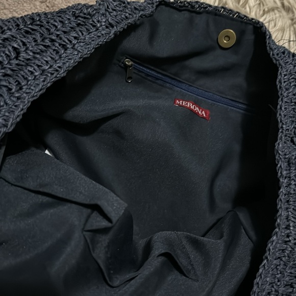 Large Merona Brand Woven Paper Tote Bag-Navy-Faux Leather Straps-Snap Closure - Picture 13 of 16